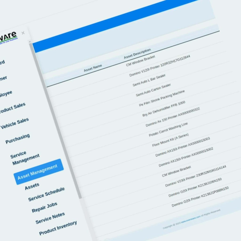 Evenware asset and equipment management interface with service history